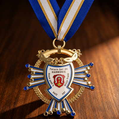 Custom carnival medal Harmonie event design with blue ribbon and decorative details