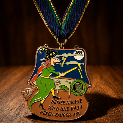 Custom carnival medal Heisse Naechte Hexen Zauber Aku witch design with ribbon