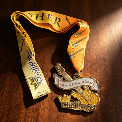 Custom music medal Hollywood Rockstar Trails guitar design with ribbon