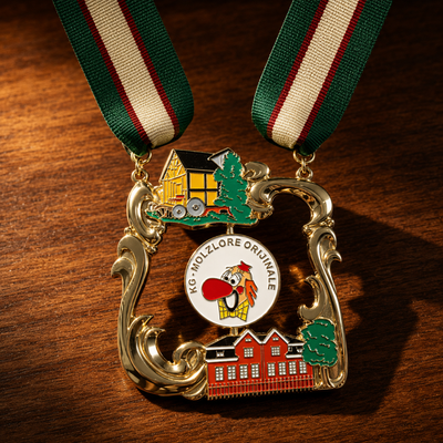 Custom carnival medal Holzloer Orilinne event design with colorful enamel details