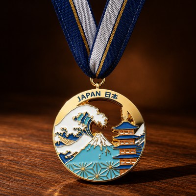 Custom medal Japan wave Fuji mountain cultural design with blue ribbon