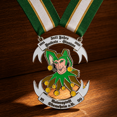 Custom carnival medal joker character design with silver finish and ribbon