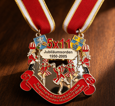 Custom carnival medal Karnevalsverein anniversary 1950-2005 design with red ribbon