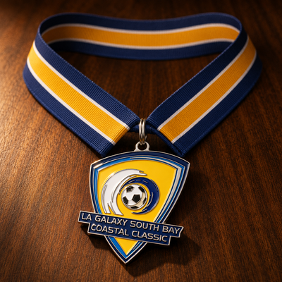 Custom soccer medal LA Galaxy South Bay Coastal Classic event design with blue and yellow ribbon