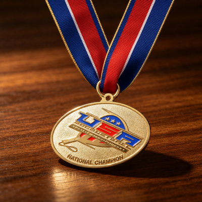 Custom sports medal LIFE National Champion design with red blue ribbon
