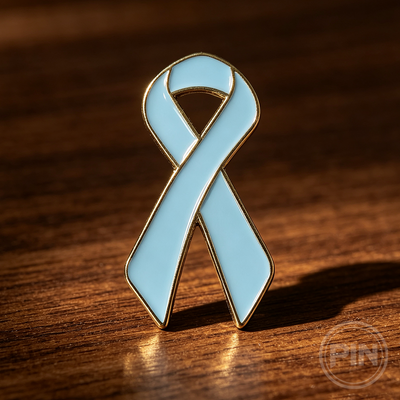 Custom soft enamel pin light blue awareness ribbon charity support design