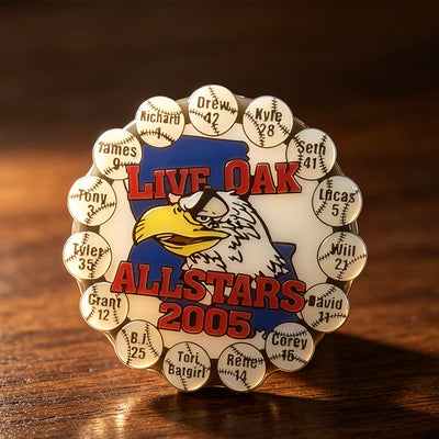 Custom hard enamel pin Live Oak All Stars 2005 baseball team eagle logo design