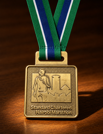 Custom marathon medal Standard Chartered Nairobi Marathon running event design with ribbon