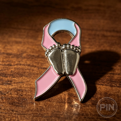 Custom soft enamel pin pink awareness ribbon baby feet design