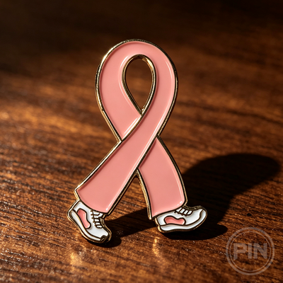 Custom soft enamel pin pink awareness ribbon running charity support design