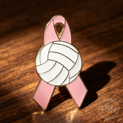 Custom soft enamel pin pink ribbon volleyball awareness support design