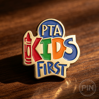 Custom soft enamel pin PTA Kids First colorful school organization logo design