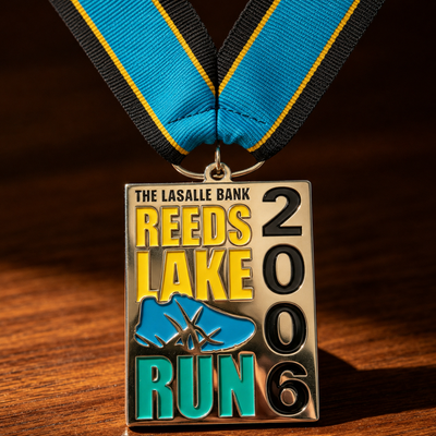Custom running medal Reeds Lake 2006 Run event design with colorful enamel details and ribbon
