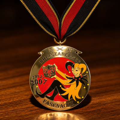 Custom carnival medal Rheinzaberner Fasenacht 2007 jester design with red and black ribbon