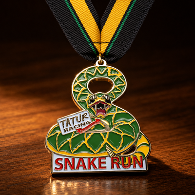 Custom sports medal Snake Run racing event design with green snake theme and ribbon
