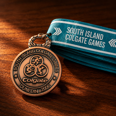 Custom sports medal South Island Colgate Games event design with ribbon