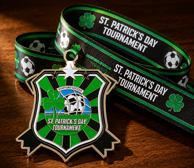 Custom soccer medal St. Patrick's Day tournament design with ribbon