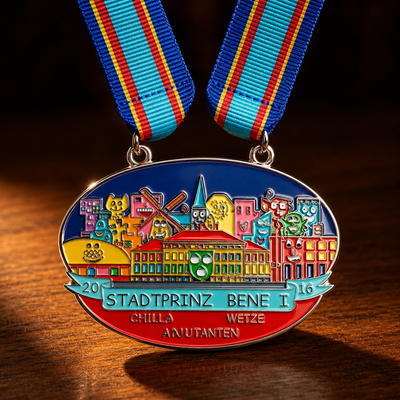 Custom carnival medal Stadtprinz Bene I colorful city design with ribbon