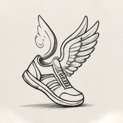Winged running shoe medal artwork sketch