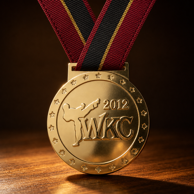 Custom martial arts medal WKC 2012 design with ribbon