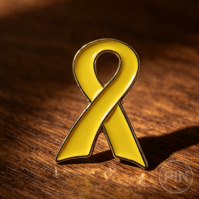 Custom soft enamel pin yellow awareness ribbon charity support design